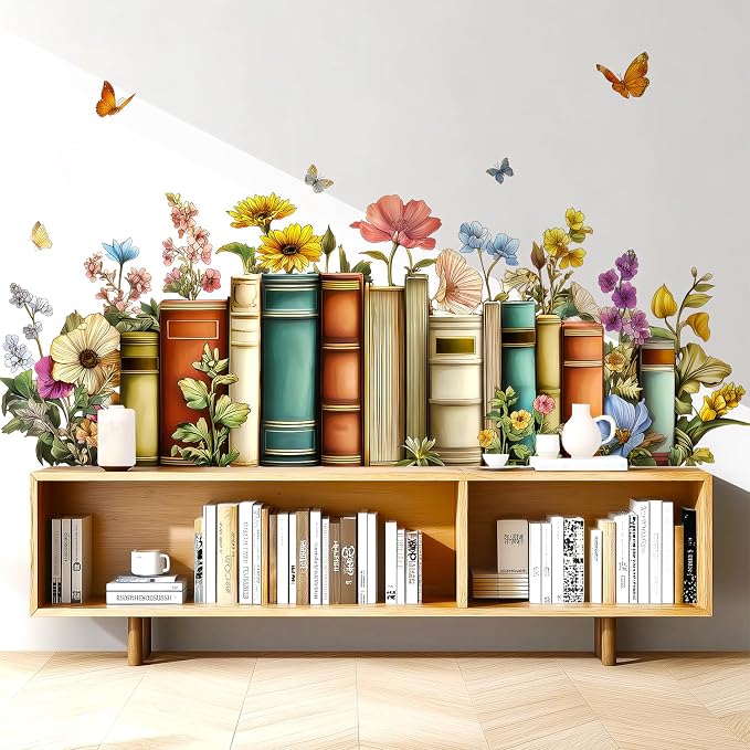 Vintage Books Floral Flower Butterfly Removable Wall Decals Decor Art | Vintage botanical butterflies vinyl peel and stick removable wall stickers & murals for bedroom lLiving room library office by VePret