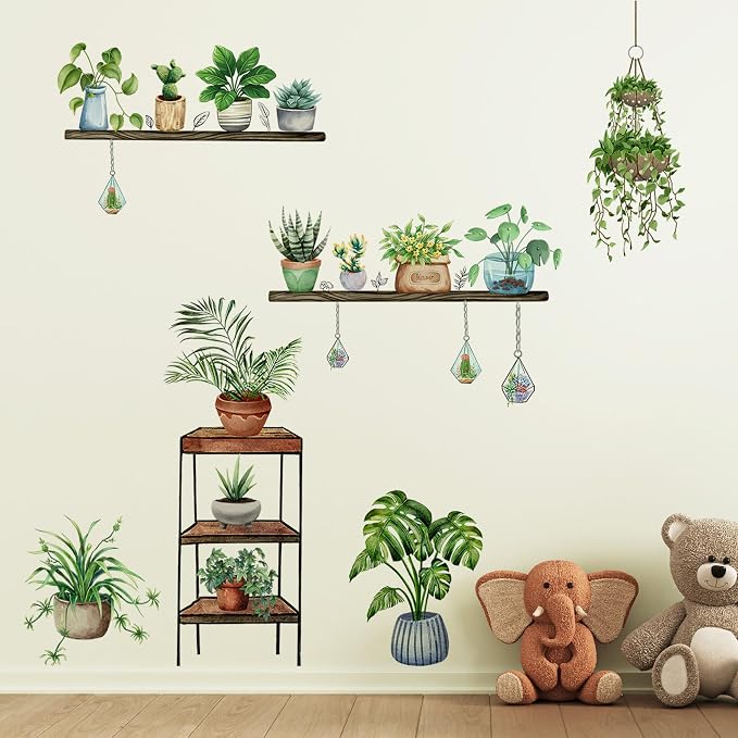 3D Hanging Potted Green Plant Shelf Wall Decals - Peel and Stick, Tropical Succulent and Floral Wall Stickers, Removable, Nature Wall Art Mural - for Living Room, Kitchen, Office, and Home Decor by Frzflv