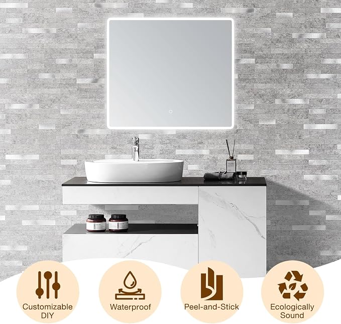 Peel and Stick Backsplash Tile Waterproof Removable PVC Wall Sticker 3D Faux Stone Marble Brick White Accent Panels (Matte Gray Stone - Metal Silver, 20 Tiles - 9 sq. ft. (0.84 M²)) - Image 8