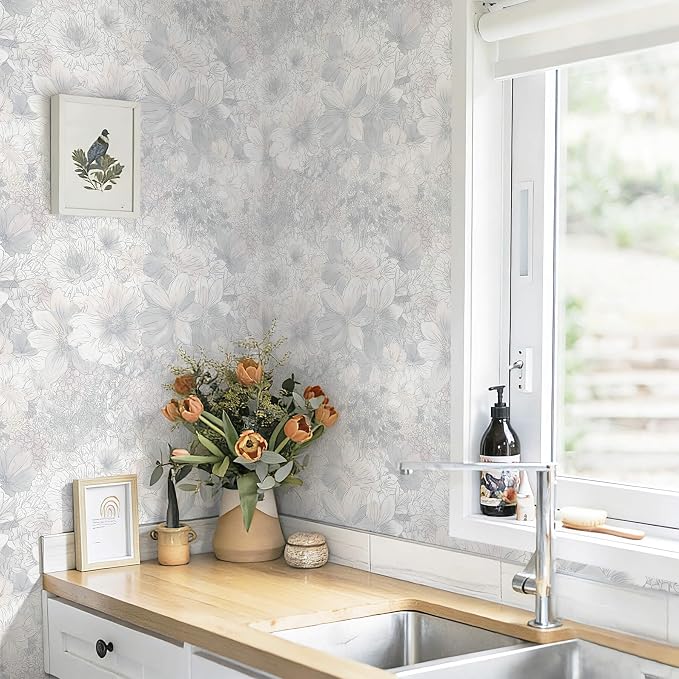Heroad Floral Peel and Stick Wallpaper Vintage Grey/Pink Contact Paper 17.3''x393'' Removable Self-Adhesive Wall Paper for Cabinets Bedroom Bathroom Waterproof Renter Friendly Mural Decor Vinyl Roll - Image 9
