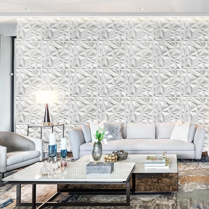 STICKGOO Diamond 3D Wall Panels, White Marble, 19.7"x19.7" | Accent PVC Wall Panels for Interior Wall Decor, Living Room, Lobby, Bedroom, 12 Pack Cover 32.4 Sq.Ft - Image 3