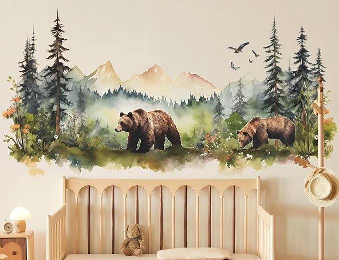 Large Jungle Animals Wall Decals Forest Tree Wall Decal Peel and Stick Woodland Bear Fox Deer Wall Stickers Giant Mountain Art for Bedroom Nursery Room FX-C432 - Image 4