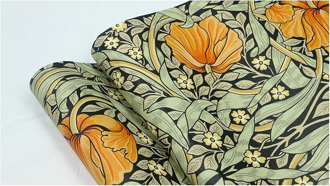 HAOKHOME William Morris Style Wallpaper Floral Orange 17.3in x 32.8ft | Long Peel and Stick Textured Wall Paper Renter Friendly Removable Black Green Yellow Floral Bathroom Bedroom Contact Paper - Image 9