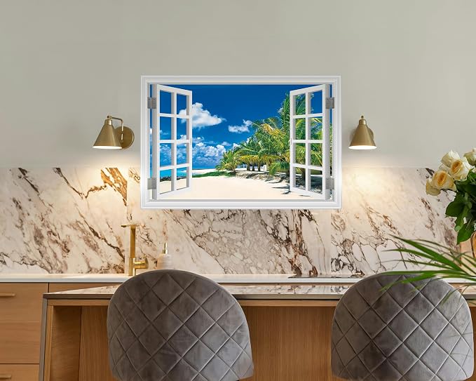 FLFK Fake Window Wall Sticker, White Frame Tropical Beach Scene, Peel and Stick Removable Wall Decal, Paradise Ocean View with Palm Trees, 24 x 16 Inches, Modern Style, Indoor Use - Image 3