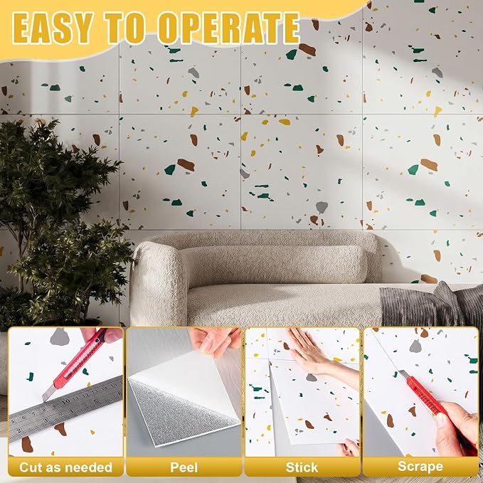 Nuanchu 36 Pcs Peel and Stick Shower Waterproof Tiles Wall Panels 12 x 12 Inch Self Adhesive Backsplash with Ruler Knife & 2 Scrapers for Washroom Bathroom Living Room, Not Real Tile (Color Dots) - Image 4