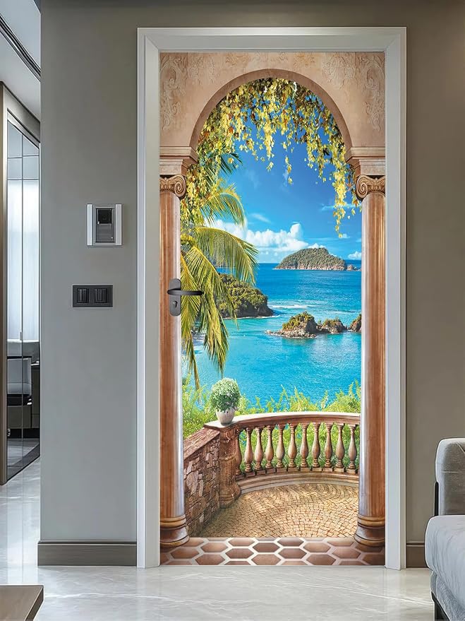 artfanke 3D Balcony Arch Seascape Peel and Stick Door Sticker 30.3"x78.7",Self-Adhesive Door Wall Murals Wallpaper Decal for Living Room Bedroom Decor (2 Sheets/Set) - Image 4