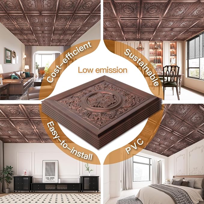 WOWSTAR 12-Pack 24"x24" 3D Drop Ceiling Tiles, Waterproof Glue up Ceiling Panels, Antique Copper | PVC ceiling panels, 24"x24", waterproof, glue-up install, basement kitchen bathroom, 12-pack - Image 6