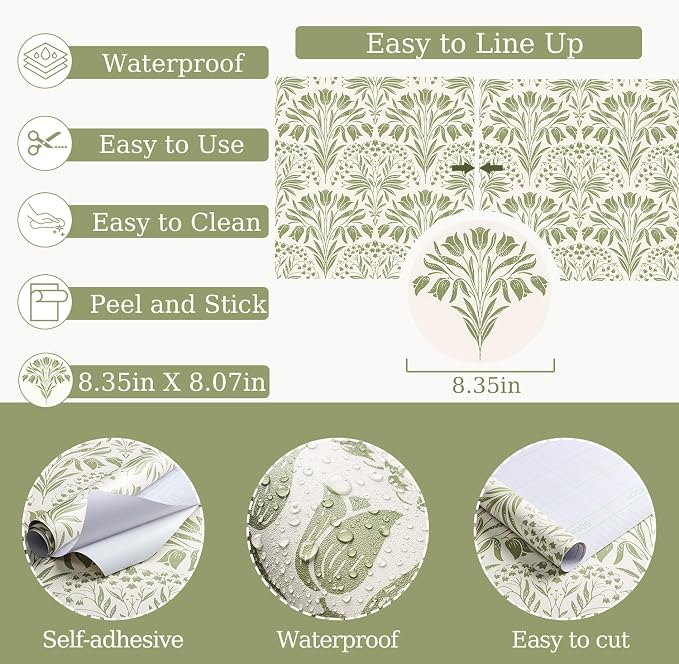 Green Tulip Floral Peel and Stick Wallpaper Retro Green Contact Paper | 17.3in X 118in Vintage Tulip Flowers Self Adhesive Wallpaper Boho Botanical Removable Wallpaper for Livingroom Decor - Image 4