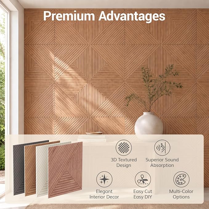 TONOR Acoustic Wall Panels Peel and Stick, 6 Pack 23.6''x23.6''-23.25 sq.ft. High-Density Acoustic Wood Panels Alternative. Soundproof Wall Panels for Interior Wall Decor, Home, Bedroom, Natural Oak - Image 7
