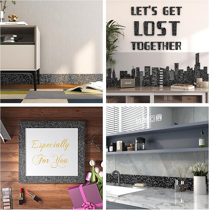 FunStick Black Wallpaper Border Peel and Stick Wall Borders Self Adhesive Fabric Glitter Wallpaper Decorative Removable Sparkle Black Contact Paper Border for Bedroom Walls Bulletin Board 3.9"x200" - Image 6