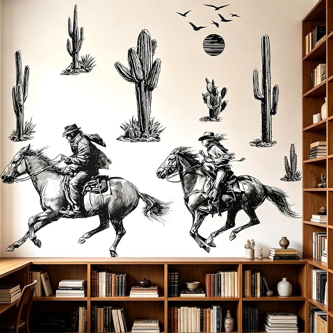 Vintage Western Cowboy Cactus Wall Decals, Black Sketch Desert Wall Sticker | Saguaro cactus peel and stick wall decor, removable vinyl wall art mural for bedroom farmhouse entryway home decoration by VePret