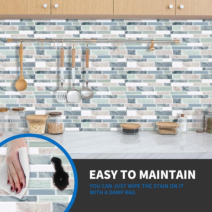 10-Sheet Peel and Stick Kitchen Backsplash Tiles | 3D Waterproof Self Adhesive Wall Tile Stick on Backsplash for Kitchen and Bathroom(Sage Green,12"×12") - Image 2