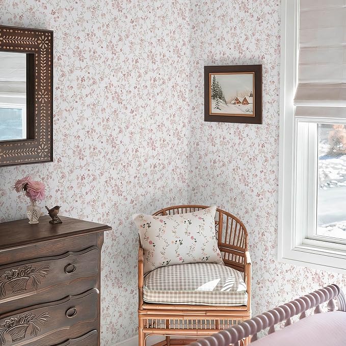 Peel and Stick Wallpaper for Nursery Pink Cherry Blossom Waterproof | 78.7"×17.3" Pink Floral Watercolor Wallpaper Gentle Accent Wall Decor with Grid Lines for Bedroom Vinyl Self-adhesive - Image 5