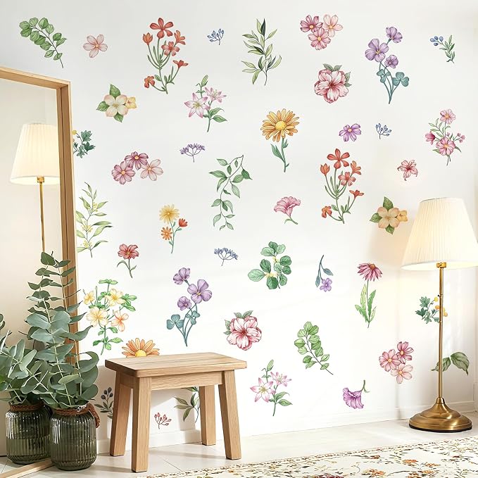 Wildflower Wall Decals - 9 Sheets 60 Pcs Boho Flower Botanical Plants Wall Stickers Peel and Stick Vinyl Stickers for Living Room Bedroom Sofa TV Backdrop Decor | Wall Decor for Bedroom Living Room Office TV Wall - Image 5