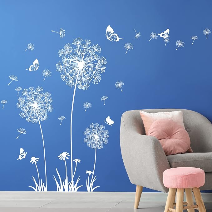 Dandelion Wall Decals Removable Flower Wall Stickers Peel and Stick Floral Butterfly Murals Dandelion Party Decoration for Bedroom Living Room Sofa Backdrop TV Dandelion Wall Decor (White) - Image 3