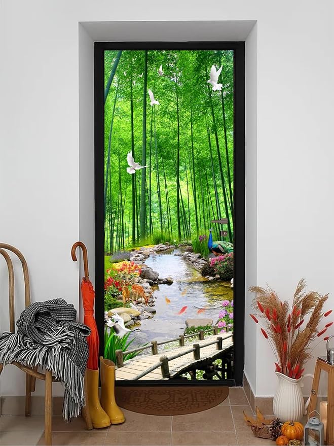artfanke 3D Door Sticker Peel and Stick 33.5"x84.6"-Self-Adhesive Door Wallpaper Mural Decal-Green Bamboo Forest Doves Wall Poster for Bedroom Home Office Decor (2 Sheets/Set) - Image 3