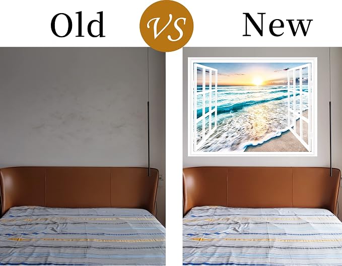 FLFK Fake Window Wall Sticker - Sunset Beach Faux Window Wall Mural for Wall Decor, Stick and Peel Wall Decals,80"x60",Set of 5 Sheets - Image 6