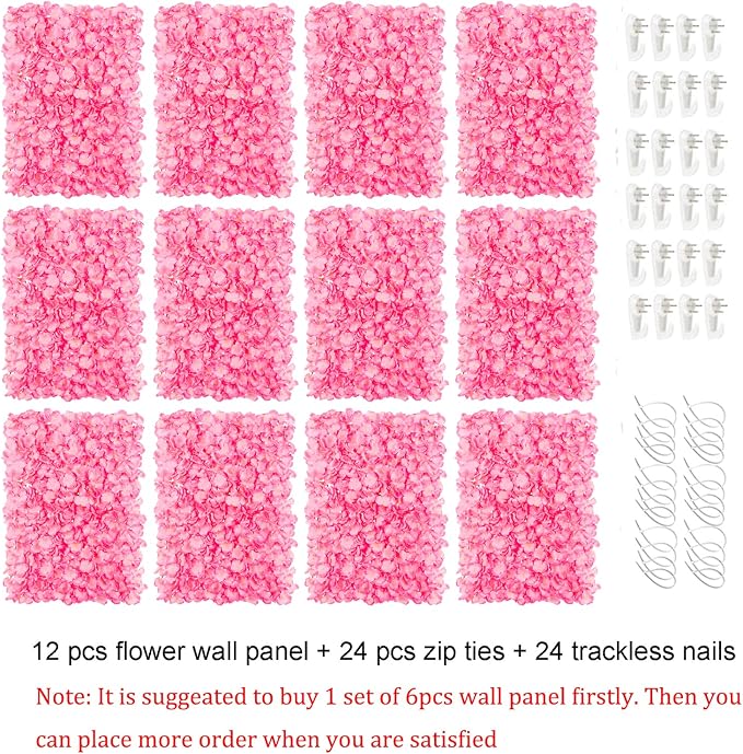 BLOSMON Pink Flower Wall Panel Backdrop Decor, 12 Pcs, 24 x 16 Inch | Hydrangea Artificial Flower Backdrops, for Wedding, Party, Bridal Shower, Hanging Fake Silk Floral Panels for DIY Decor - Image 6