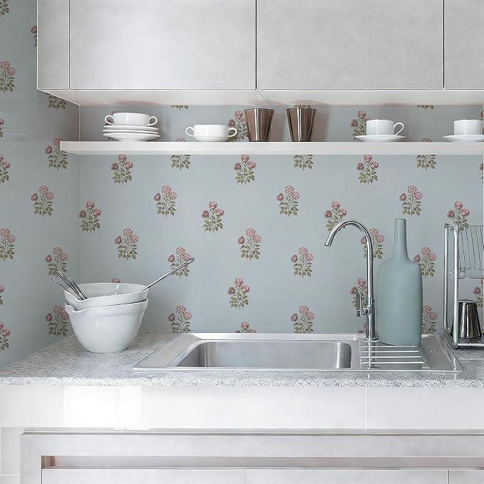 17.3"× 590.5" Vintage Blue Floral Wallpaper Peel and Stick Boho Wallpaper Removable Waterproof Rose Pattern Contact Paper for Bedroom, Bathroom, Home Wall - Image 3