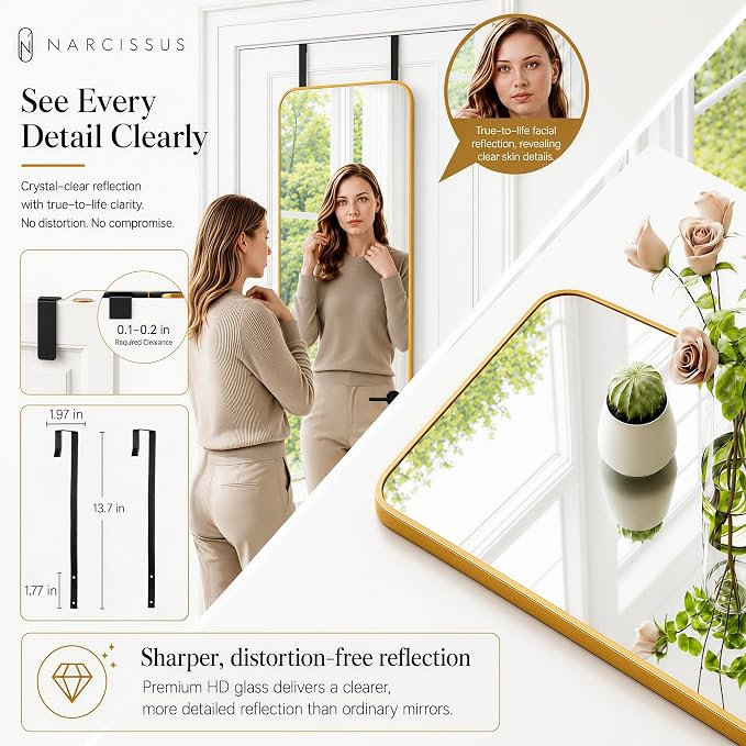 NARCISSUS Full Length Mirror 57x16 Inch, Over The Door Mirror with Stand, Wall Mounted or Freestanding/Door Hanging Full Body, Aluminum Alloy Frame, Gold - Image 8