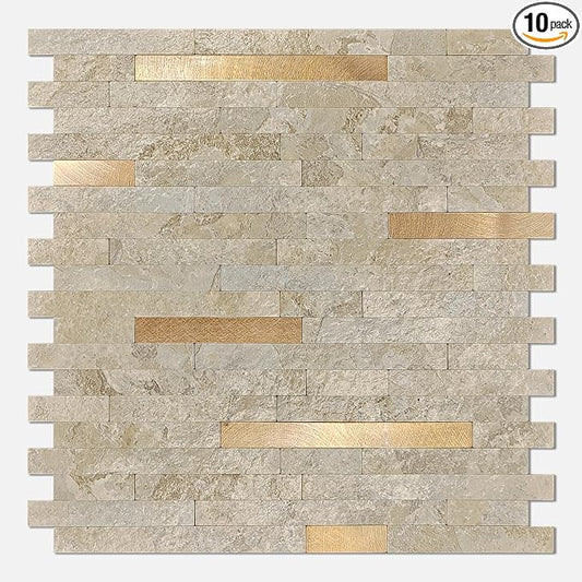 KASARO Peel and Stick Marble Backsplash Tile, 10 Sheets, Marble Stone Beige with Vintage Golden Stripes, Self-Adhesive Wall Tile for Kitchen, Bathroom, Fireplace, RV (11.7” x 12.1”) by KASARO