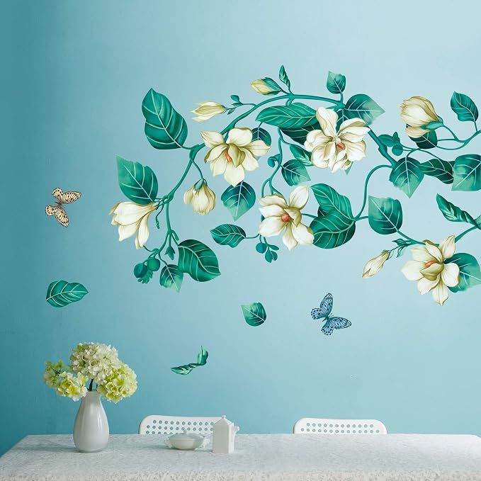 LiveGallery Removable Vinyl Fresh Green Leaf and White Flower Wall Sticker Murals Kids Girls Bedroom Nursery Rooms Wall Decals 3D Peel and Stick Decor for Home Living Room Offices Wall Corner by LiveGallery