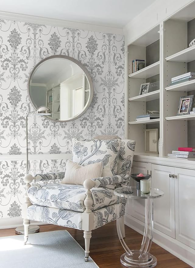 Silver Gray Removable Wallpaper Damascus Floral Peel and Stick Wallpaper | 17.3" X 118" Boho Grey Flower Contact Paper Self Adhesive Wallpaper Damask Floral Decorative Wallpaper for Bedroom Covering - Image 6