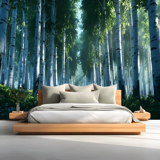 ASJ Forest Peel and Stick Wallpaper Mural, Birch Tree Fern Green | Seamless edge-to-edge match. Sunlight rays nature artwork, 177x102 in, premium fabric, living room bedroom decor. by ASJWallpaper%EF%BC%86Murals