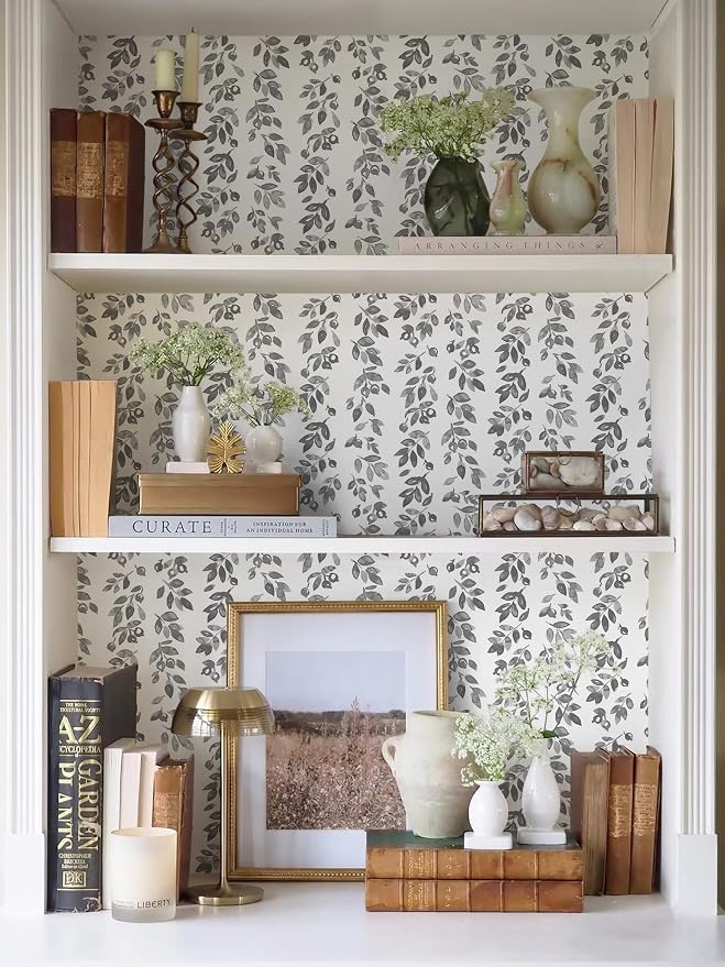 Heroad Grey Wallpaper Vintage Peel and Stick Wallpaper Leaf Contact Paper Cottage Core Wall Paper Self Adhesive Removable Wallpaper for Bathroom Bedroom Kitchen Watercolor Decor Vinyl 17.3''x78.7'' - Image 2