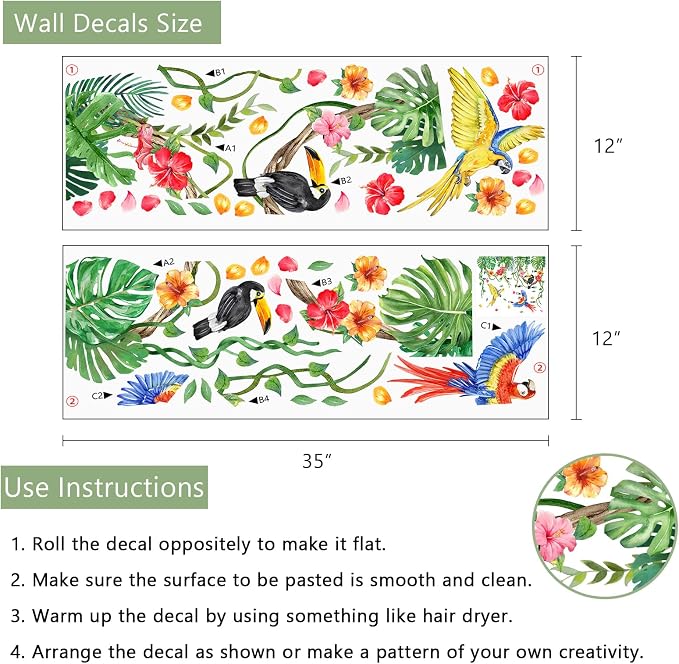 Yovkky Tropical Plant Birds Wall Decals Stickers, Monstera Palm Leaves | Parrot Toucan Home Bedroom Decor, Hanging Vines Hibiscus Flower Living Room Kitchen Decorations Art - Image 2