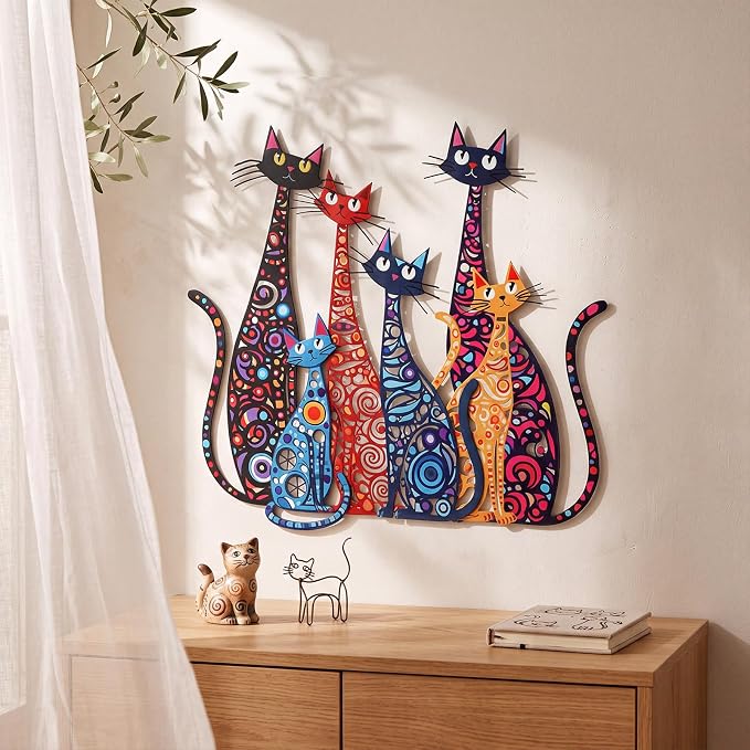 Wesiti Cat Wall Art Iron Sculptures 12x10 Inches Colorful Retro Mid Century | Metal Sign for Cat Lovers, Home Decor in Living Room Bedroom Kitchen Office, Elevated Artistic Design, Vibrant Patterns - Image 3