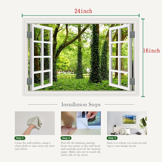 ‌Lmyhome Fake Window Wall Mural Green Grass Forest (16"x24") | Peel and Stick Faux Window Wall Sticker Decal Poster for Bedroom Home Decor - Image 3