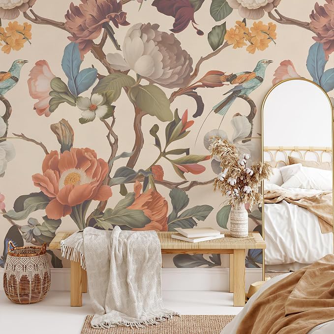 Zeeko Vintage Beige Floral Peel and Stick Wallpaper Mural, 148" x 98" | Large Flower Art Deco Wall Murals, Ideal for Bedroom TV Background Wall Paintings, Home Decor - Image 3