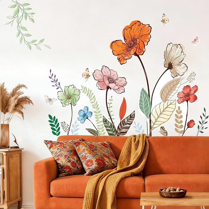 Flower Wall Decals Large Boho Wall Stickers - Wildflower Floral Spring Wall Art Decals Wall Decor Peel and Stick for Living Room Bedroom TV Wall by Flasunire