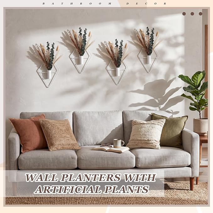 Jexine 8 Pcs Hanging Artificial Planters Wall Decor, White, Pampas | Bathroom Wall Decor, Geometric Metal Vase, Indoor Plants, Living Room, Home Office, Entryway, Boho Accent, Wall Mounted - Image 4
