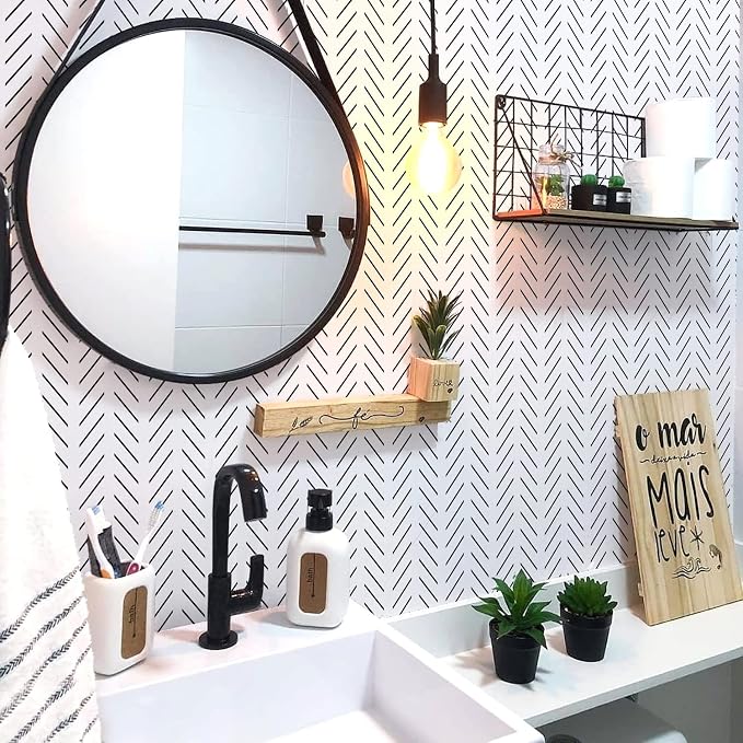 Orainege Black and White Wallpaper Peel and Stick Wallpaper Geometric | Modern Herringbone Contact Paper for Bathroom Bedroom 17.7in x 590.5in Self Adhesive Wallpapers Removable - Image 4