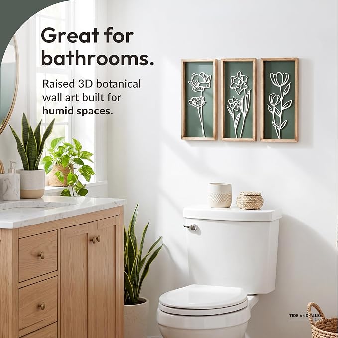 Tide and Tales 3d Green Wall Art, Wooden Botanical Wall Decor, Set of 3 | 7" x 16", Lightweight, Framed Ready-to-Hang, Bathroom Wall Decor, Bedroom, Living Room, Office, Farmhouse, Gift-Boxed - Image 5