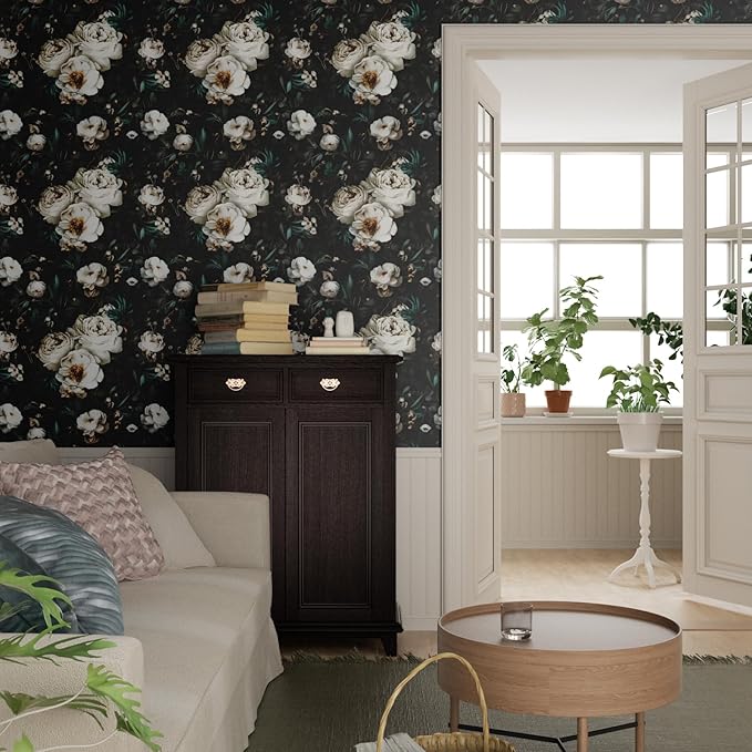 Laatse Dark Black Floral Wallpaper Peel and Stick 17.5" × 393" | Self Adhesive/Removable/Waterproof/Thick Vinyl Contact Paper for Bathroom Bedroom Shelf Cabinet Drawer,Prepasted,Easy Peel - Image 4