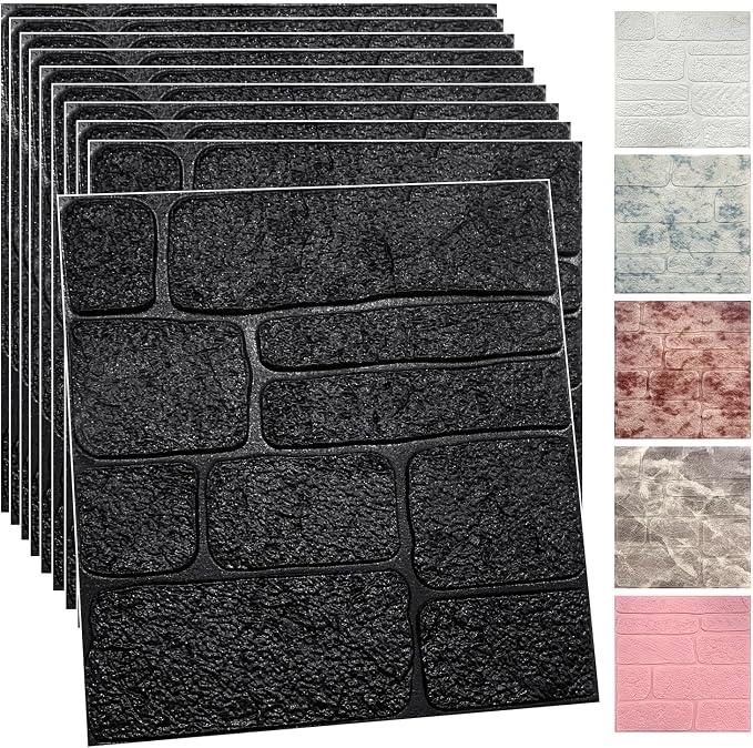 YU LI 3DH 3D Wall Panels Peel and Stick Faux Stone Wall Panel Black 20-Pack Faux Brick Self-Adhesive Wallpaper 3D Foam Brick Wallpaper by YULI3DH