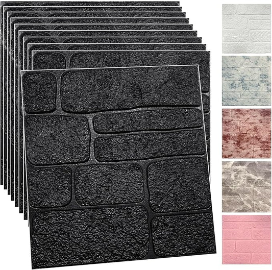 YU LI 3DH 3D Wall Panels Peel and Stick Faux Stone Wall Panel Black 20-Pack Faux Brick Self-Adhesive Wallpaper 3D Foam Brick Wallpaper by YULI3DH