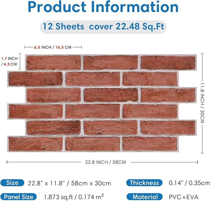 COMSTICKC 3D Faux Brick Wall Panels Peel and Stick, 12 Pcs 22.8" x 11.8" | Not Real Brick, Ultra-Light Thin PVC Wall Sticker, 3D Fake Brick Tiles Wall Covering for Interior Decor, Cover 22.48 sq ft - Image 5