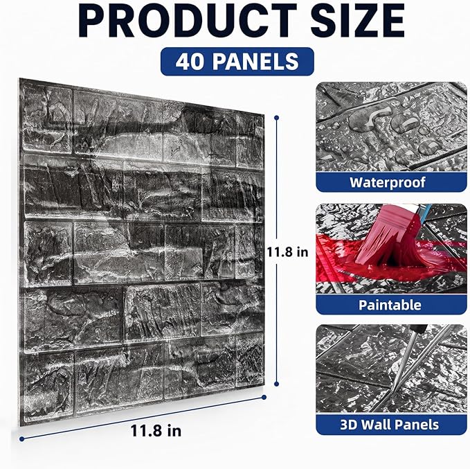 3D Wall Panels Peel and Stick Faux Foam Brick Wallpaper Covering | Rock Black 40 PCS 11.8"×11.8" Self Adhesive Stone Wall Tiles for DIY Interior Wall Decor - Image 2