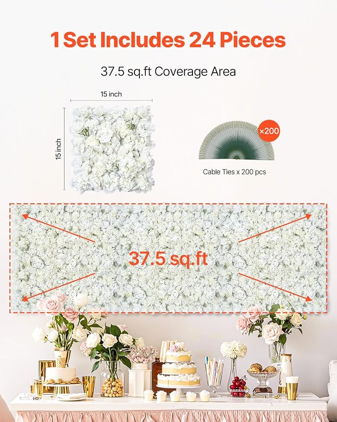 VEVOR 3D Flower Wall Panel, 24 PCS 15 x 15 inch, Artificial Floral Wall Background Mesh Backing Mat,Seamless Design&Easy Installation for Wedding Valentines Day Home Baby Party Backdrop Decor,White - Image 6