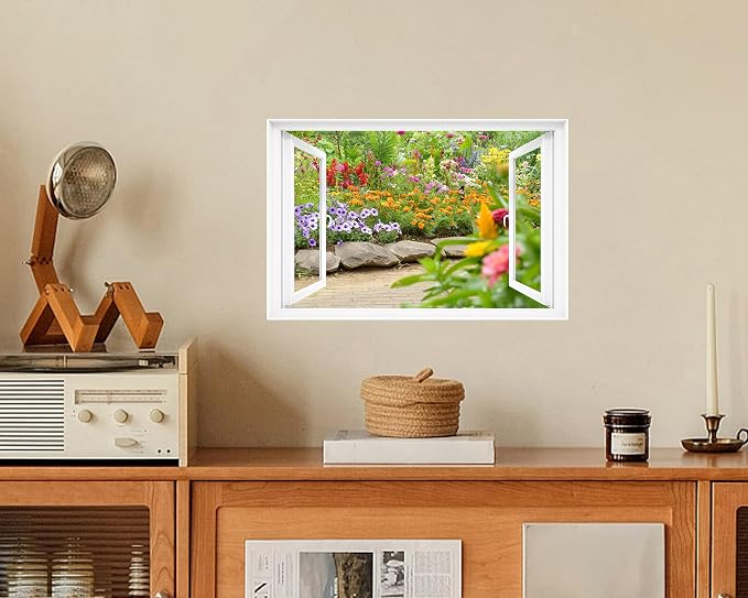 Fake Window Decal - 24"x16" Vinyl Wall Art | Garden Flower Scene Mural Sticker | Peel & Stick Removable Decor - Image 4