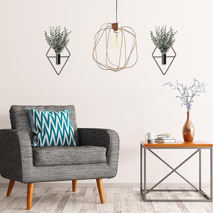 Jexine 4 Pcs Hanging Artificial Planters Wall Decor, Black, Eucalyptus | Bathroom Wall Decor, Geometric Metal Vase, Indoor Plants, Living Room, Home Office, Entryway, Boho Accent, Wall Mounted - Image 7