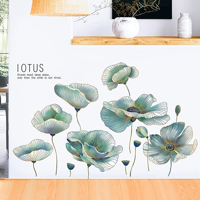 Green Lotus Wall Decals Peel and Stick Wall Stickers Removable Decal Wall Decor for Bedroom Living Room Classroom Office by MACHOOSE