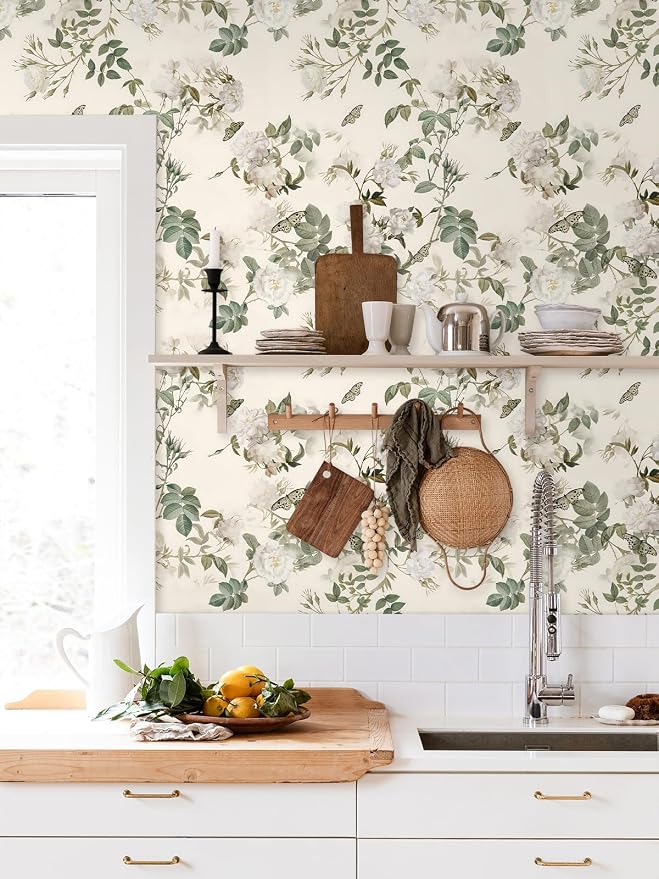 Wudnaye Green Floral Peel and Stick Wallpaper Vintage Flower 16.9"×393" | Botanical Peel and Stick Wallpaper Green Beige Rose Self Adhesive Removable Contact Paper Waterproof for Kitchen Bathroom - Image 2