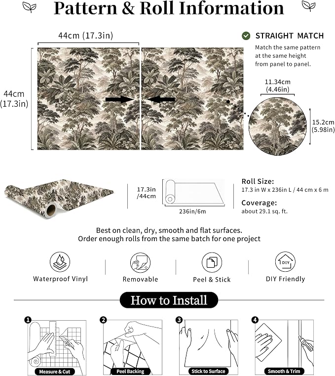 HAOKHOME Vintage Peel and Stick Wallpaper Forest Bathroom 17.3in x 19.7ft | Self Adhesive Removable Landscape Botanical Jungle Toile Wall Paper Textured Bedroom Accent Wall Green Grey Contact Paper - Image 7