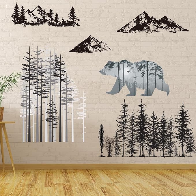 Outus 3 Sheets Mountain Forest Bear Wall Decals Stickers Pine Tree Wall Decals Woodland Trees Wall Stickers Forest Decals for Kids Nursery Bedroom Living Room Decor,11.8 x 35.4 Inches - Image 7