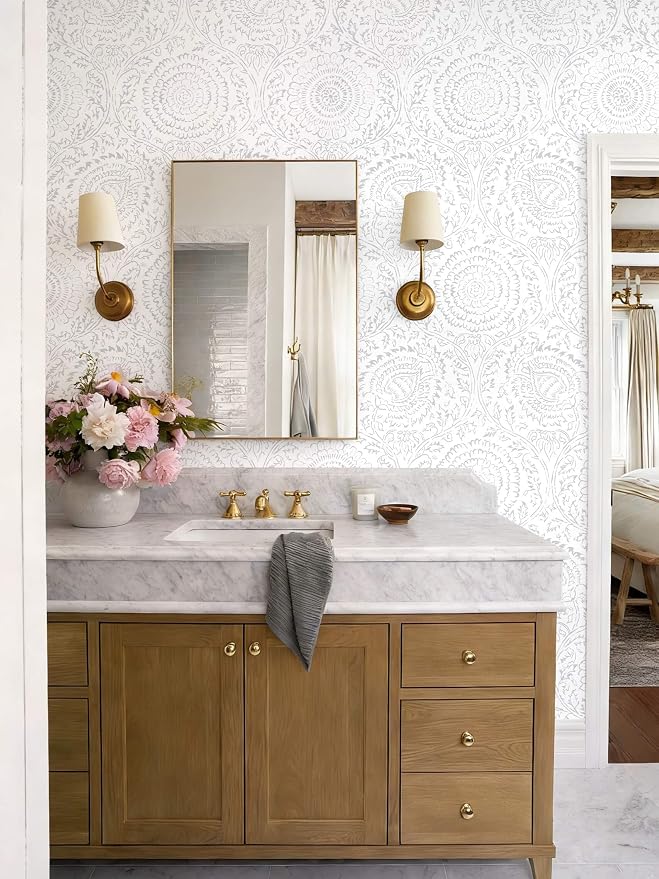 Ismoon Floral Peel and Stick Wallpaper Boho Grey and White Contact Paper | 17.3x78.7in Light Gray Wall Paper Textured Self Adhesive Removable Wallpaper for Bedroom Kitchen Renter Friendly Vinyl - Image 3